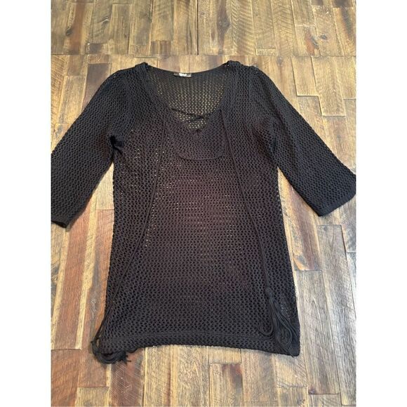 Crochet knit beach cover up tunic mini dress size small black - Picture 1 of 7